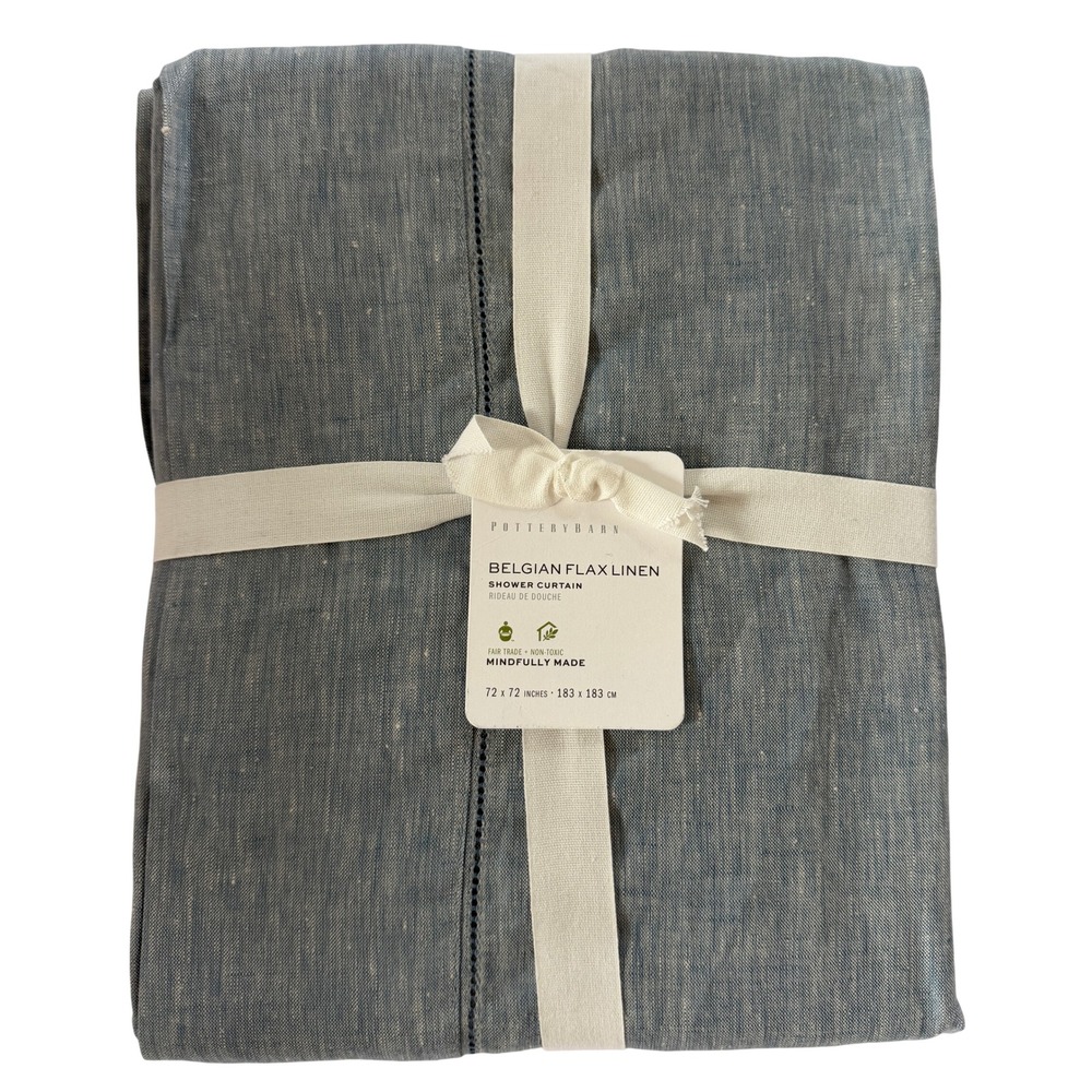 Pottery Barn Belgian Flax Linen Shower Curtain 72x72 Chambray Blue Hemstitch NWT
